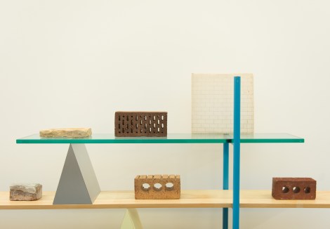 Martino Gamper, Installation view, design is a state of mind, Andrea Branzi, Gritti Bookcase, 1981, Laminated wood, ash wood, crystal, Courtesy of Nilufar Gallery, Objects courtesy of Maki Suzuki, Photograph: © 2014 Hugo Glendinning